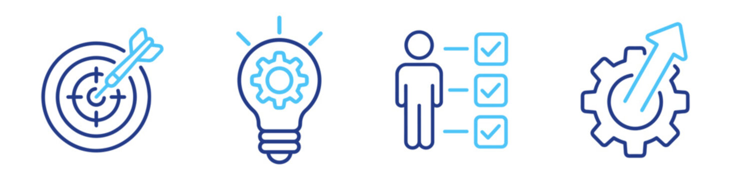 Business strategy and analytics icon set, target checklist gear and idea symbols, performance optimization management and execution concept vector illustration on transparent background