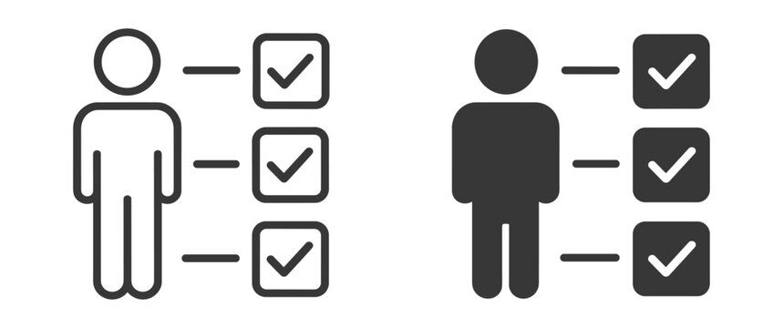 Checklist task management icon, person with check marks list, business planning workflow and verification concept vector illustration on transparent background