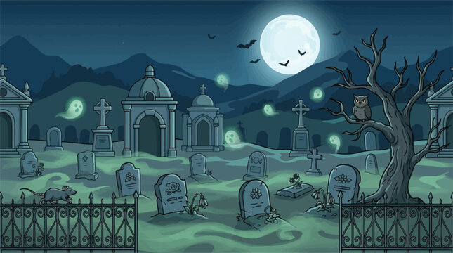 Spooky Halloween graveyard landscape with ghosts and full moon, haunted cemetery background vector, eerie night scene with tombstones and crypts