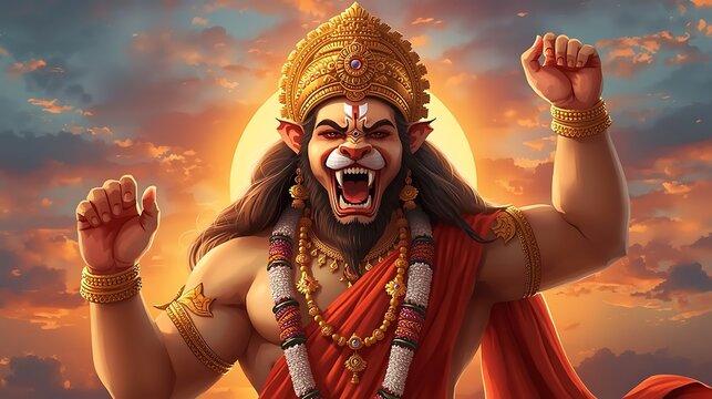 Lord Narasimha Avatar Of Vishnu With Fierce Expression Holding A Trident.