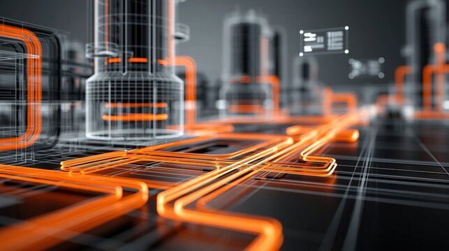 Industrial digital twin representing smart factory automation with glowing network lines, optimizing production processes, and managing futuristic manufacturing infrastructure