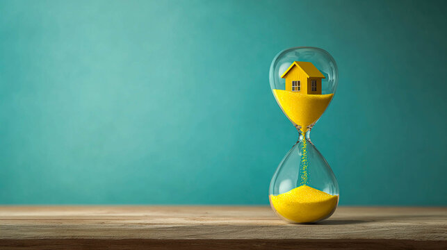 An hourglass with yellow sand on a turquoise background, with a house in the upper flask, representing the concept of mortgages, home purchases, and real estate investments.