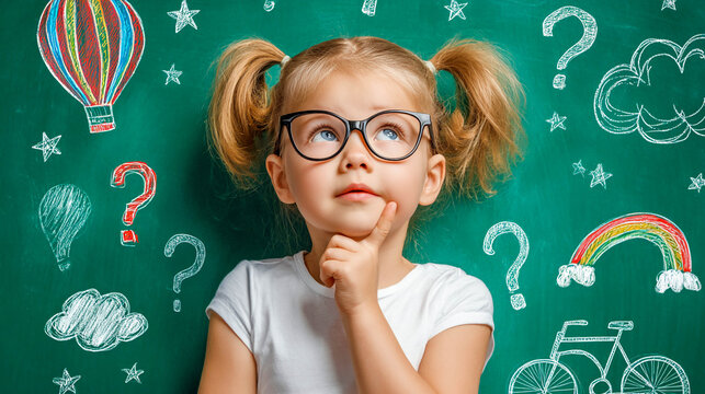 A thoughtful girl with glasses is standing in front of a green school blackboard with drawings, holding her finger to her chin and looking up, representing the concept of children's imagination