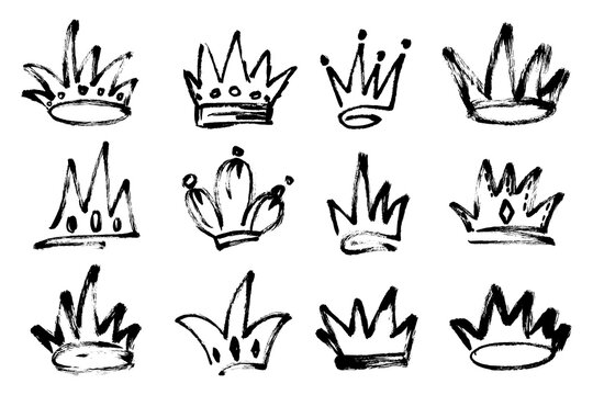 Grunge Brush Stroke Crown Set. Black graffiti charcoal textured crown icon. King, queen crown artistic vector symbol collection. 