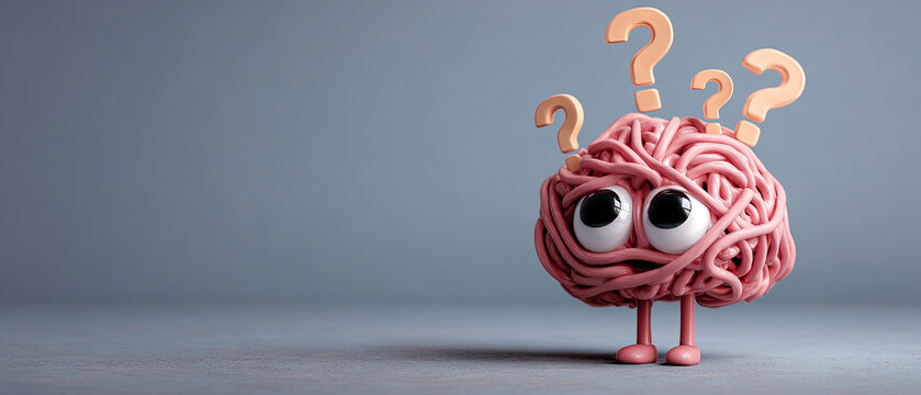 Cute brain character with big eyes and question marks, standing on a gray background, symbolizing confusion or uncertainty.