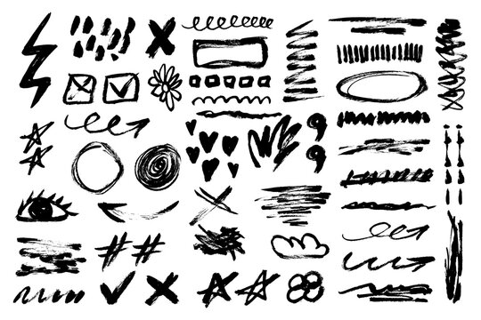 Grunge Scribble and Doodle Icon and Symbols Collection. Brush stroke scribble, text highlight and underline shapes. Vector illustration