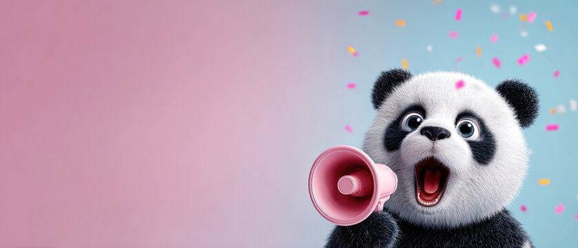 Adorable panda holding a pink megaphone with colorful confetti on a gradient background, perfect for announcements, marketing, or celebration concepts.