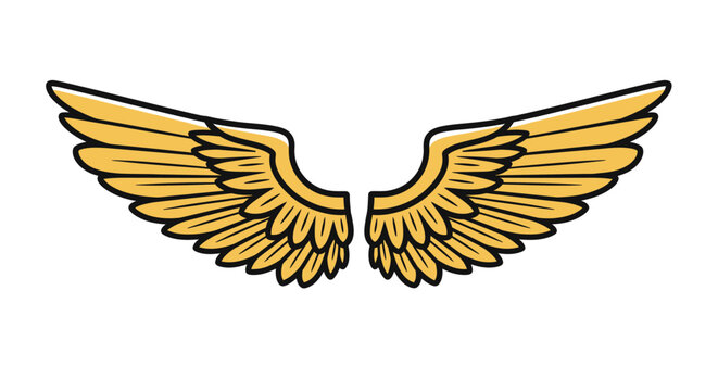 Stylized gold wings outstretched, simple line art with a retro-vintage aesthetic, perfect for logos, emblems, badges representing freedom, flight, and aspiration on a white background, isola