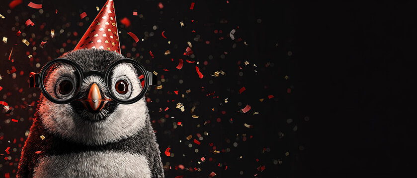 Adorable penguin in glasses and party hat with red confetti on black background, perfect for birthday, celebration, or festive themes.