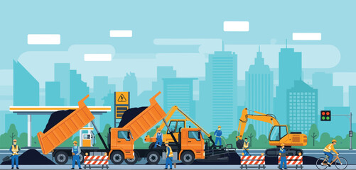 Vector road construction scene with excavator dump truck paving machine and workers repairing city street for urban infrastructure development industrial engineering and transportation project © Mahsina