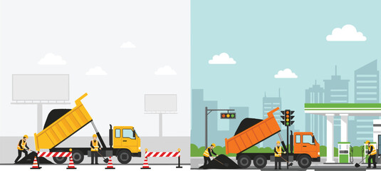 Vector road construction scene set with dump truck workers asphalt paving traffic signals and safety barriers for urban street repair and city infrastructure development © Mahsina