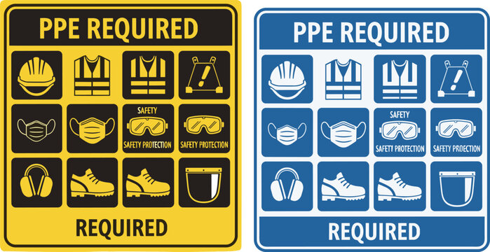 Vector PPE required safety sign set with hard hat vest mask goggles boots and earmuff icons for industrial site protection workplace health and safety