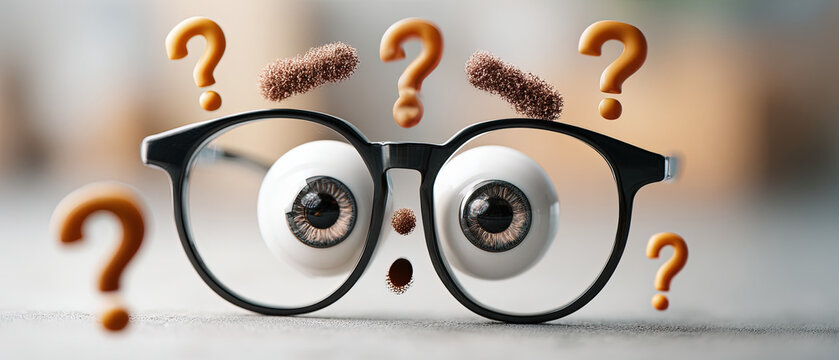 Eyeglasses with realistic eyeballs and question marks floating around, symbolizing confusion or curiosity on a neutral background.