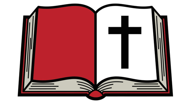 Bold graphic depiction of an open book with a prominent cross symbol, rendered in a simple, flat vector style, representing faith, religion, and the concept of spirituality within a Christia