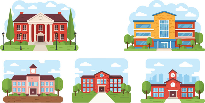 Vector school building collection with diverse architectural styles including university campus high school college and primary school exteriors for back to school education concept design