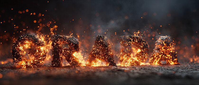 Word 'GRADA' formed from burning stone letters with glowing embers, sparks, and intense fire on a dark background.