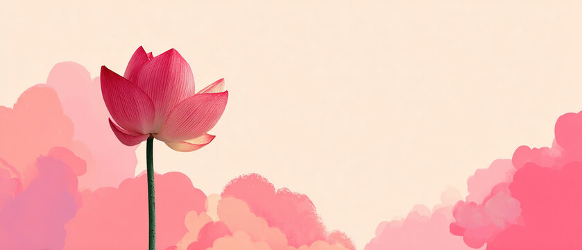 Single pink lotus flower with green stem stands against a soft pastel background with pink clouds, ideal for wellness or beauty concepts.