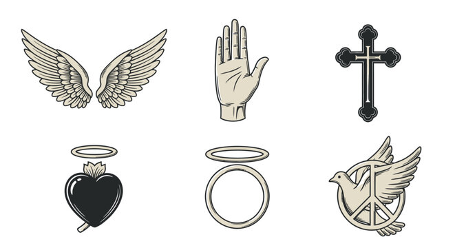 Collection of Religious Symbols Featuring Wings Sacred Heart Cross Dove Peace Sign Hand Halo and Ring for Spiritual Themes