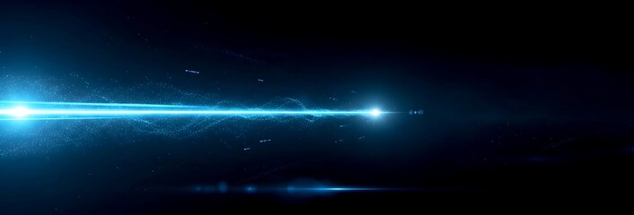 Obraz premium Fast glowing blue horizontal light beam traversing dark space background representing high speed data transfer and laser technology