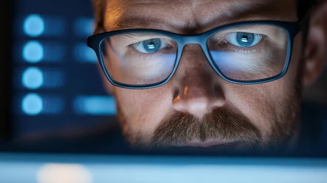 A man works late at night in a dark room filled with blue lights. He looks at his computer screen with concentration. His glasses reflect the light from the screens. He types on the keyboard