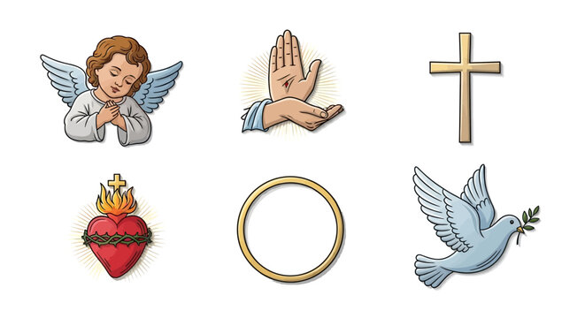 Religious Symbols Featuring An Angel Sacred Heart Dove Cross Ring And Stigmata Collection For Spiritual And Faith Based Design Concepts