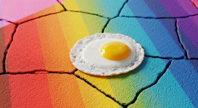 A single sunny side up fried egg sits on a cracked concrete sidewalk featuring vibrant geometric patterns and intense color blocking style, minimalism, wallpaper, vibrant