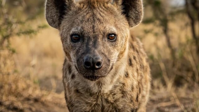 Curious hyena staring sharply into the camera lens, intense wildlife portrait for safari, animal behavior and nature branding, detailed fur texture, piercing gaze, balanced composition, realistic