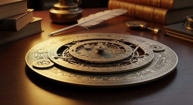 Antique brass astrolabe with celestial diagram