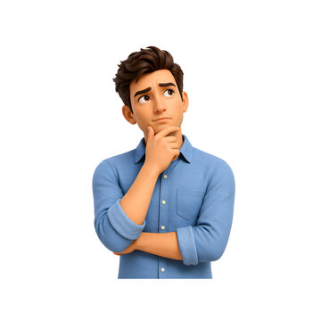 Young man thinking with hand on chin curious expression 3D character portrait isolated clipart for decision concept