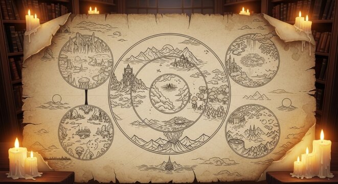 Hand Drawn Fantasy World Map on Aged Parchment