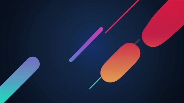 Minimalist commercial motion graphic capturing bright glowing orange and purple rounded pill shapes floating smoothly diagonally across a dark backdrop.