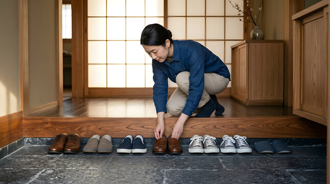 Japanese Woman Kneeling to Organize Shoes at Entrance of Traditional Home
