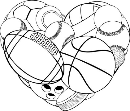 Cartoon sports heart sport lover fan design. Sports balls and items forming heart. Includes basketball, soccer, football, baseball, tennis, golf, cricket and more.