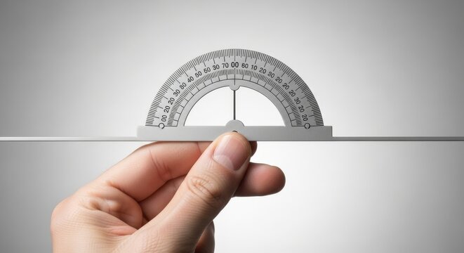 Hand holding a circular protractor for geometric measurement