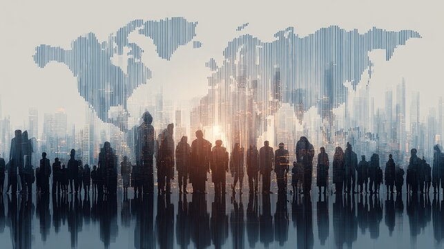 Global skyline emerging from human silhouettes and graphs, population impact, world investment.