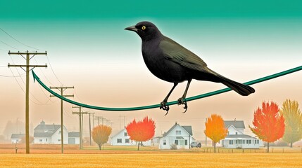 Fototapeta premium Black Bird on Telephone Wire with Autumn Tree Landscape Background