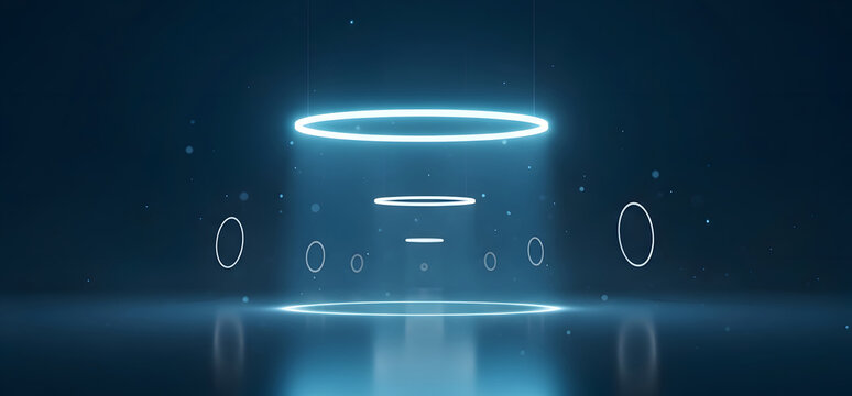 Futuristic product podium stage with glowing blue neon rings and spotlight projector on reflective floor backdrop