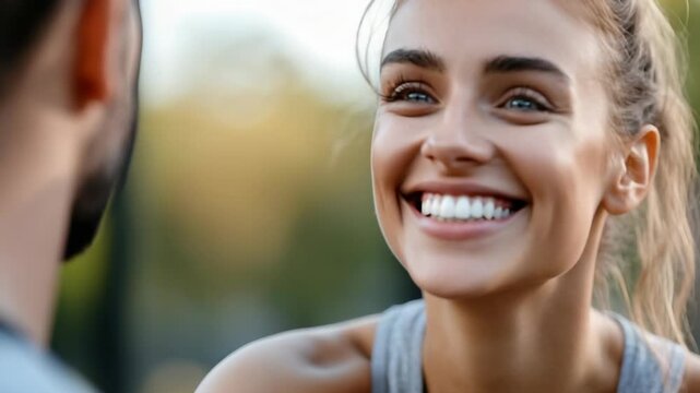 A woman smiles and talks with a man in a park. They are seated on the grass. The sun is shining. They share laughter and have a lighthearted moment