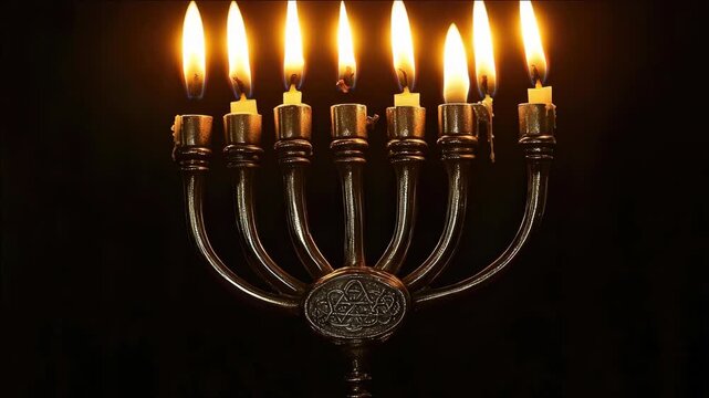 A golden menorah with eight candles in a dark background symbolizing the Hanukkah celebration.