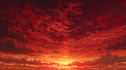 Obraz premium 赤く燃えるような夕焼け空に流星が輝く風景