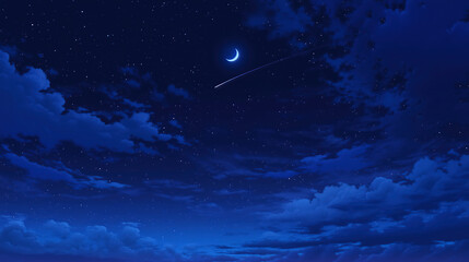 Fototapeta premium 暗い夜空に三日月と流星が輝く幻想的な風景