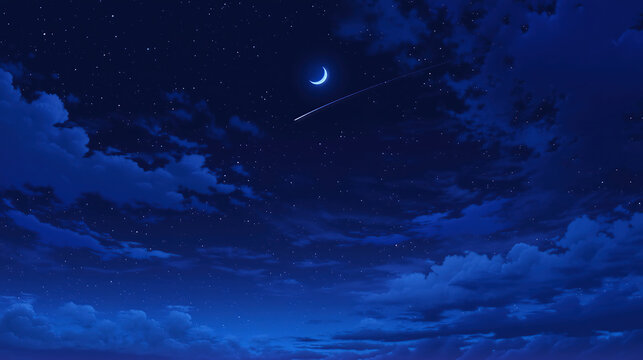 暗い夜空に三日月と流星が輝く幻想的な風景