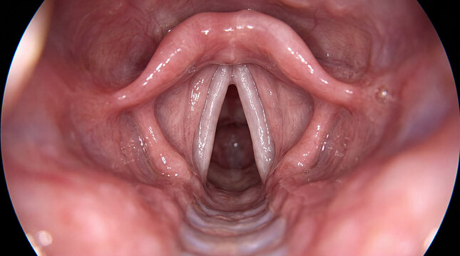 Inner sanctum of the throat revealing vibrant vocal cords parted for clear breathing, a wondrous gateway to sound and speech