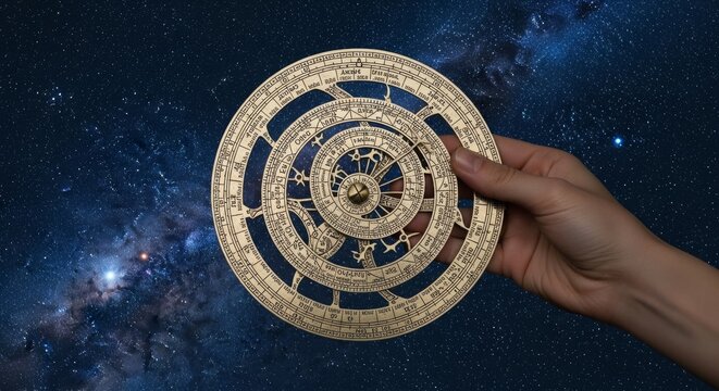 Hand holding intricate vintage astrolabe