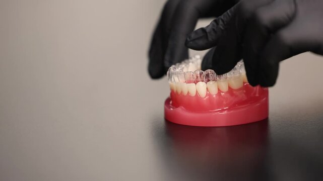 Clear dental aligners fitted on orthodontic jaw model close up