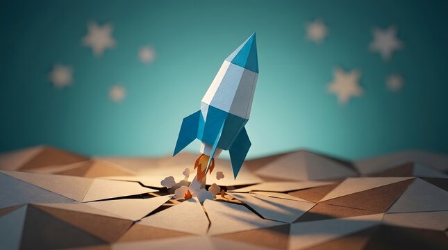 Paper rocket launching from cracked surface on starry night background.