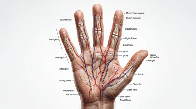 Journey into the complex biomechanics of a human hand, showcasing its skeletal structure, circulatory system, and sensory networks