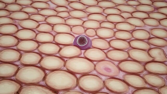 Inside soft human tissue,
normal cells arranged neatly,
one abnormal cell expands slowly,
pushing surrounding cells aside
