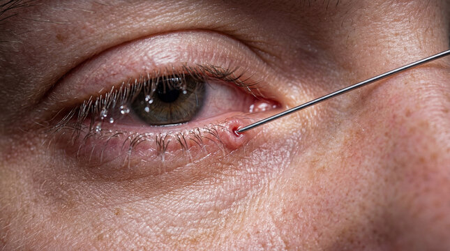 Delicate needle precisely treating a visible ailment on a person's inflamed lower eyelid, revealing discomfort with tear droplets