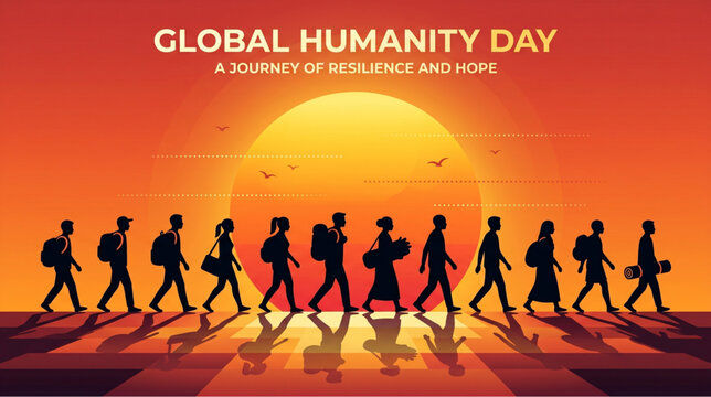 Global humanity day people walking silhouette at sunset representing unity resilience hope and migration awareness for social campaign and awareness design